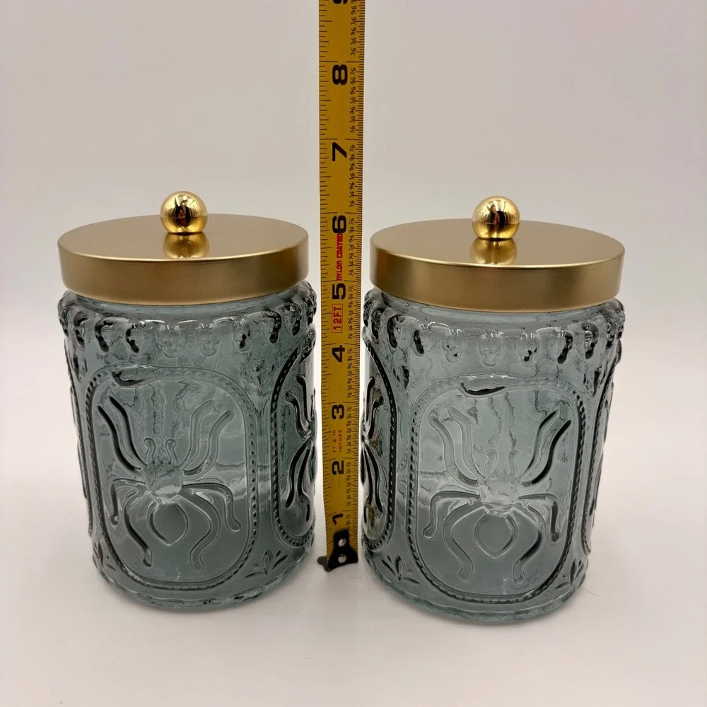 Cook With Color 2pc Glass Canister Set Spider Skull Gothic Gold Lid Halloween